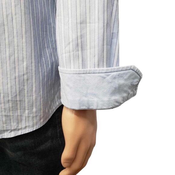 JOHNSTON & MURPHY Dress Shirt XL Contrast Flip Cuff Neck Blue White Striped L/S - Picture 6 of 14